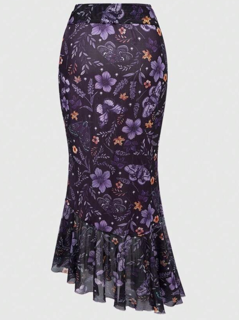 Whimsigoth Purple Floral Asymetrical Maxi Skirt with Tie Waist and Rhinestones - Picture 2 of 11